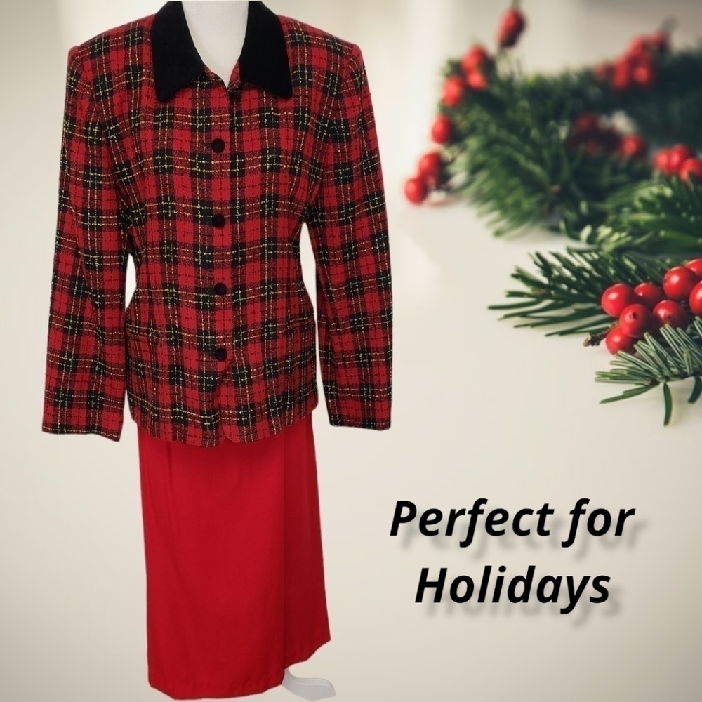 Vintage Leslie Fay Red and Black Plaid Suit Jacket and Skirt Velvet Collar EUC